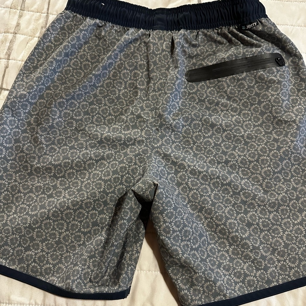 Jetty size small men's swim trunks. Black and gray.